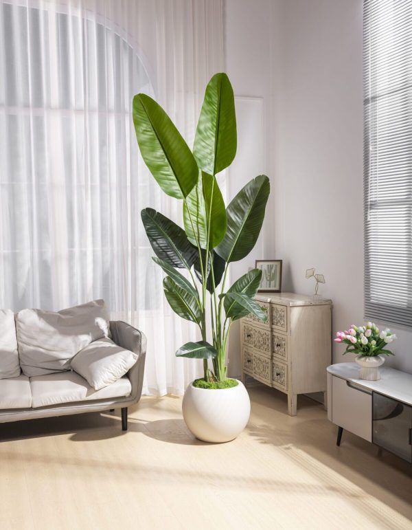 Artificial Traveler’s Palm Tree 7.2ft in white ceramic pot – front view Artificial Tree USA